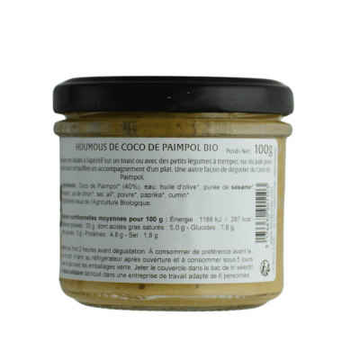 Etiquette descriptive des ingrédients du bocal de houmous de coco de Paimpol